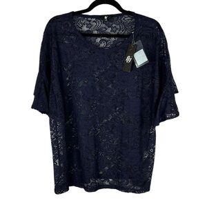 Fig Romantic Ethereal Lace Ruffle Short Sleeve Rond Neck Top XXL Navy Blue NWT